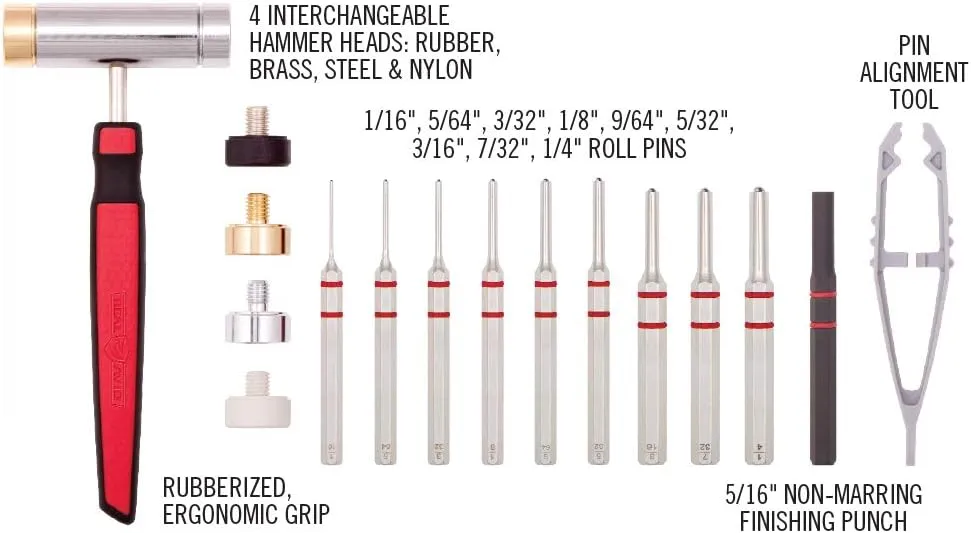 Real Avid Roll Pin Punch Set & Hammer   Non-Slip Magnetic Bench Block | 10 Nickel-Plated Steel Roll Pin Punches, 4 Interchangeable Hammer Heads - Brass, Steel, Ruber, Nylon & Non-Marring Bench Block