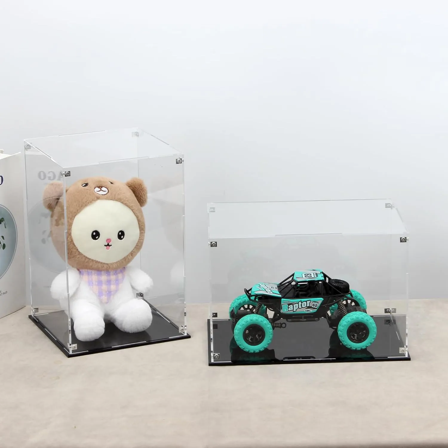 Rectangle Clear Acrylic Boxes for Collectibles Display, Assemble Storage Box Action Figures Display Case with Black Base, Removable Dustproof Showcase for Toy Car Model Home Storage, 12x8x8In