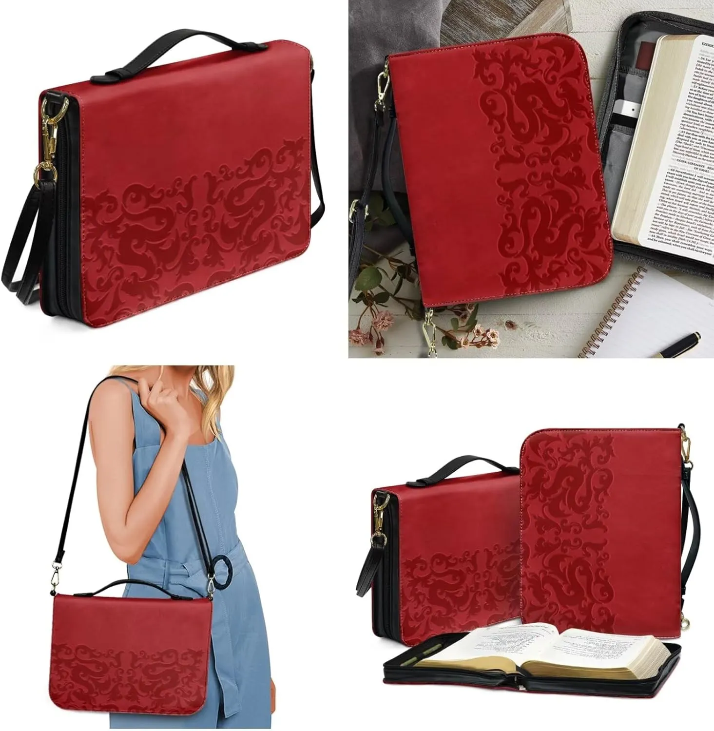 Red Bible Cover Case for Women, Elaborate Printed PU Leather Bible Case with Shoulder Strap and Handle, Bible Bag with Zipper, Built-in Pocket Bookmark Ribbon Pen Slots, Bible Study Supplies