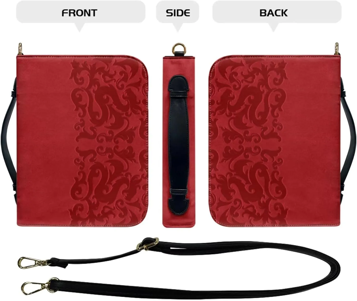 Red Bible Cover Case for Women, Elaborate Printed PU Leather Bible Case with Shoulder Strap and Handle, Bible Bag with Zipper, Built-in Pocket Bookmark Ribbon Pen Slots, Bible Study Supplies
