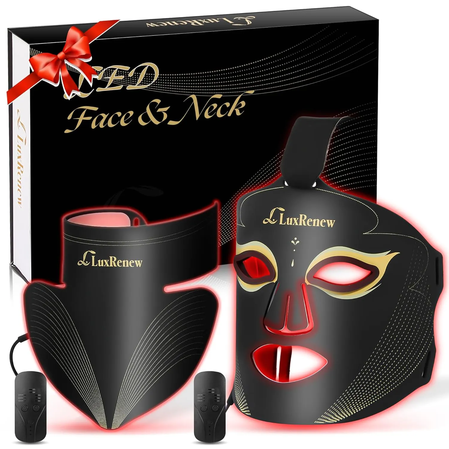 Red Light Therapy for Face Set, Led Mask Light Therapy for Face & Neck, Near-infrared Light 850nm and Red Light 630nm, 5 Gears Energy Adjustment, Black