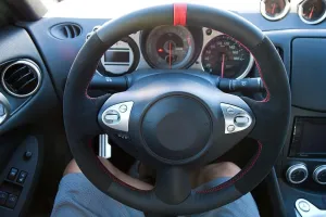 RedlineGoods Steering Wheel Cover Compatible with Nissan 370Z 2009-20. Tailor Made - not Universal. Genuine top-Grade Italian Black Suede (Alcantara) with Silver Thread