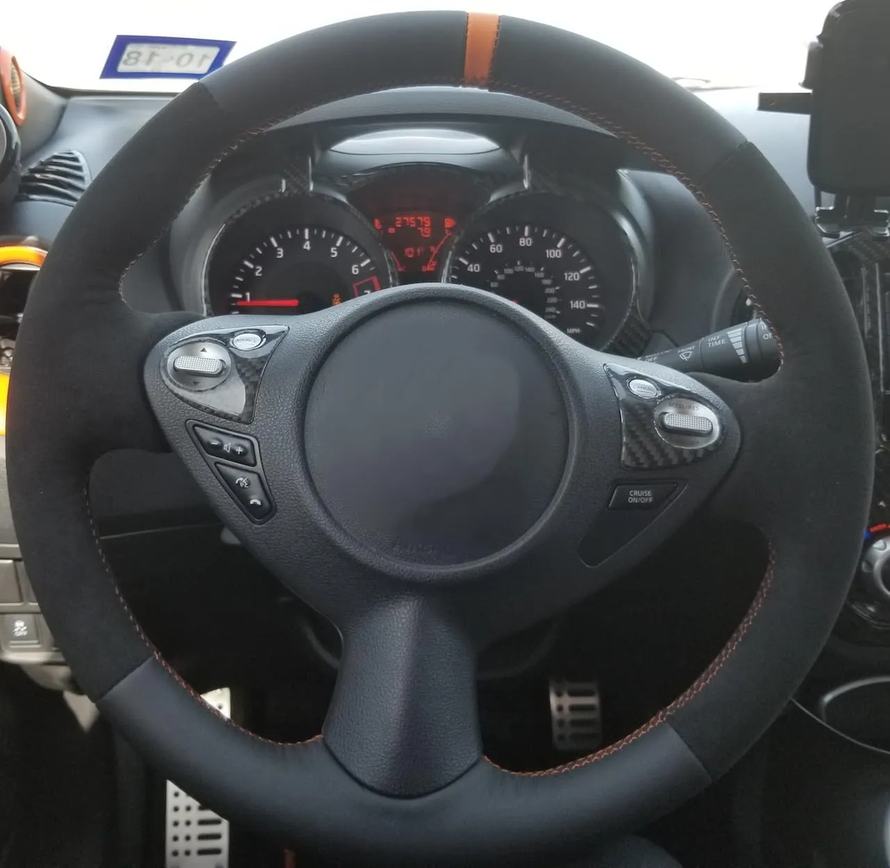 RedlineGoods Steering Wheel Cover Compatible with Nissan 370Z 2009-20. Tailor Made - not Universal. Genuine top-Grade Italian Black Suede (Alcantara) with Silver Thread
