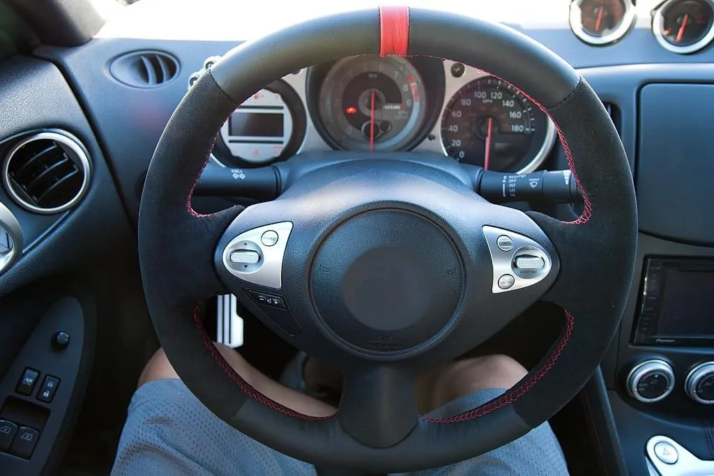 RedlineGoods Steering Wheel Cover Compatible with Nissan 370Z 2009-20. Tailor Made - not Universal. Genuine top-Grade Italian Black Suede (Alcantara) with Silver Thread