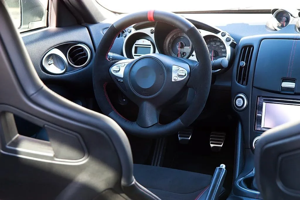 RedlineGoods Steering Wheel Cover Compatible with Nissan 370Z 2009-20. Tailor Made - not Universal. Genuine top-Grade Italian Black Suede (Alcantara) with Silver Thread