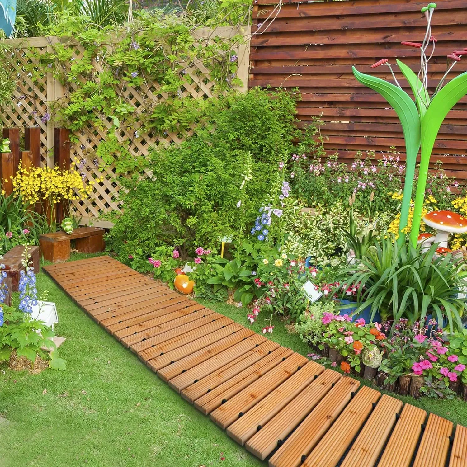 RELIANCER 12' Wooden Garden Pathway,Outdoor Roll Out Cedar Straight Walkway,Patio Path Decorative Garden Boardwalk Walkways,Weather-Resistant Roll Up Beach Wood Road Floor,Wedding Party Pathways