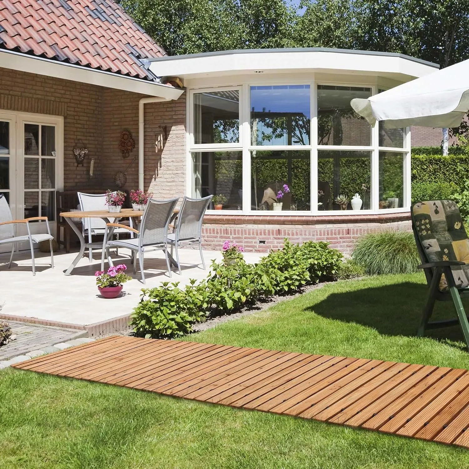 RELIANCER 12' Wooden Garden Pathway,Outdoor Roll Out Cedar Straight Walkway,Patio Path Decorative Garden Boardwalk Walkways,Weather-Resistant Roll Up Beach Wood Road Floor,Wedding Party Pathways