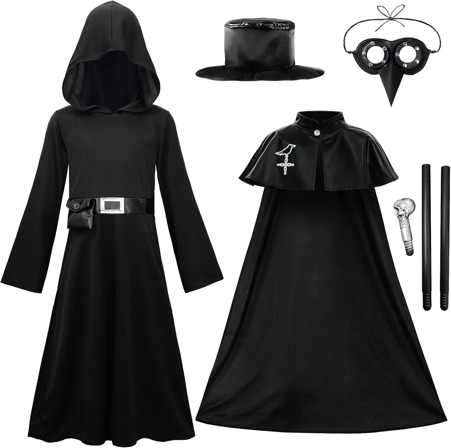 ReliBeauty Plague Doctor Costume Kids Steampunk Halloween Costume 5 in 1 Set for Boys and Girls Black