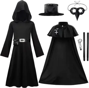 ReliBeauty Plague Doctor Costume Kids Steampunk Halloween Costume 5 in 1 Set for Boys and Girls Black