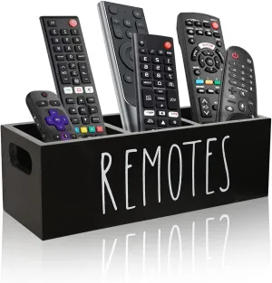 Remote Control Holder, Farmhouse Remote Storage Box, Bedside TV Controller Caddy, Rustic Wood Media Organizer Tray for Home Bedroom Table (Black)