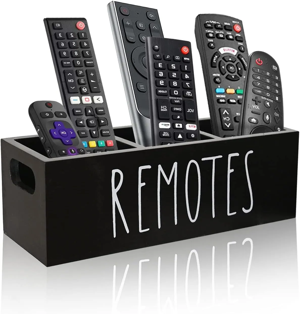 Remote Control Holder, Farmhouse Remote Storage Box, Bedside TV Controller Caddy, Rustic Wood Media Organizer Tray for Home Bedroom Table (Black)