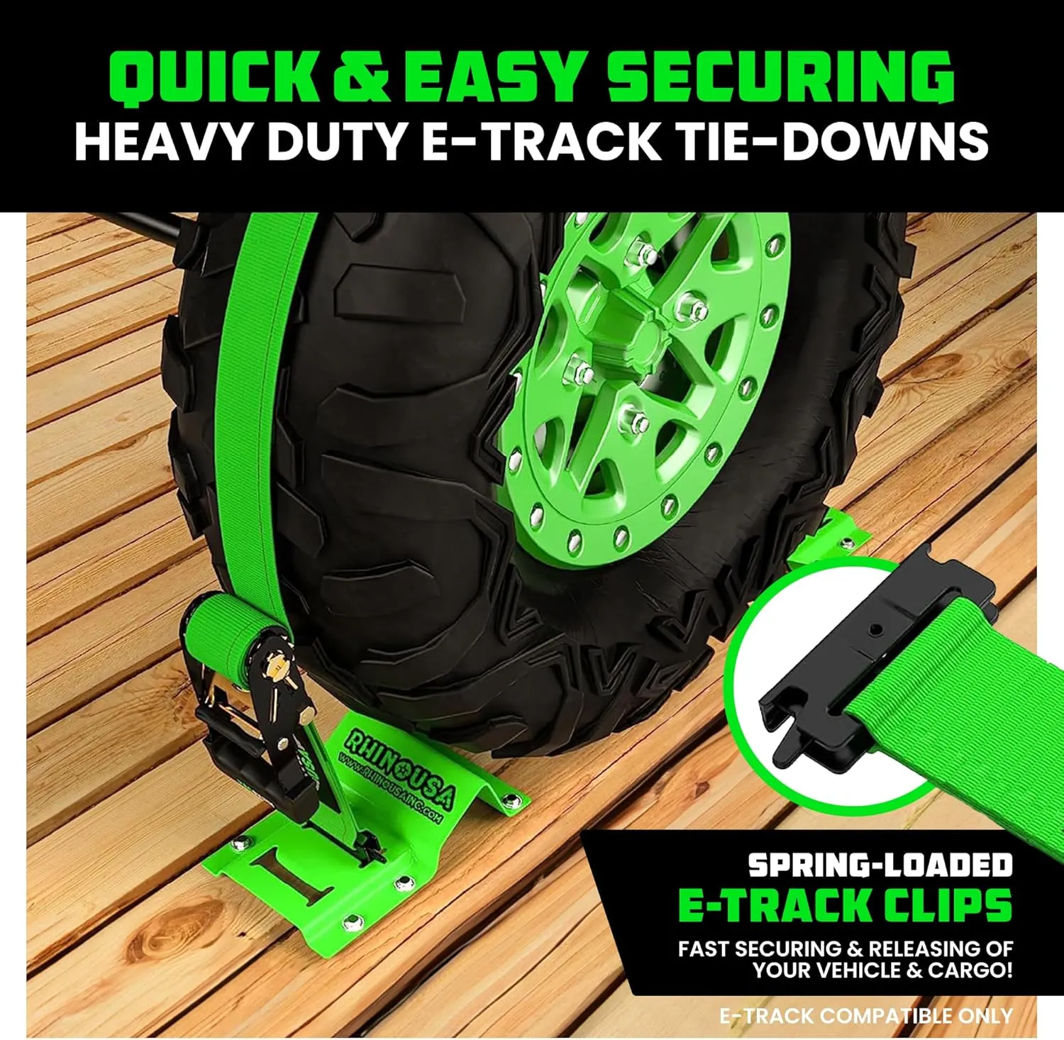 Rhino USA Wheel Chock Tie Down Kit (4,500lb Break Strength) (4) Heavy Duty Trailer Tire Ratchet Straps (8) Wheel Chocks - E Track System for ATV, UTV, Lawn Mower, Four Wheeler - Green