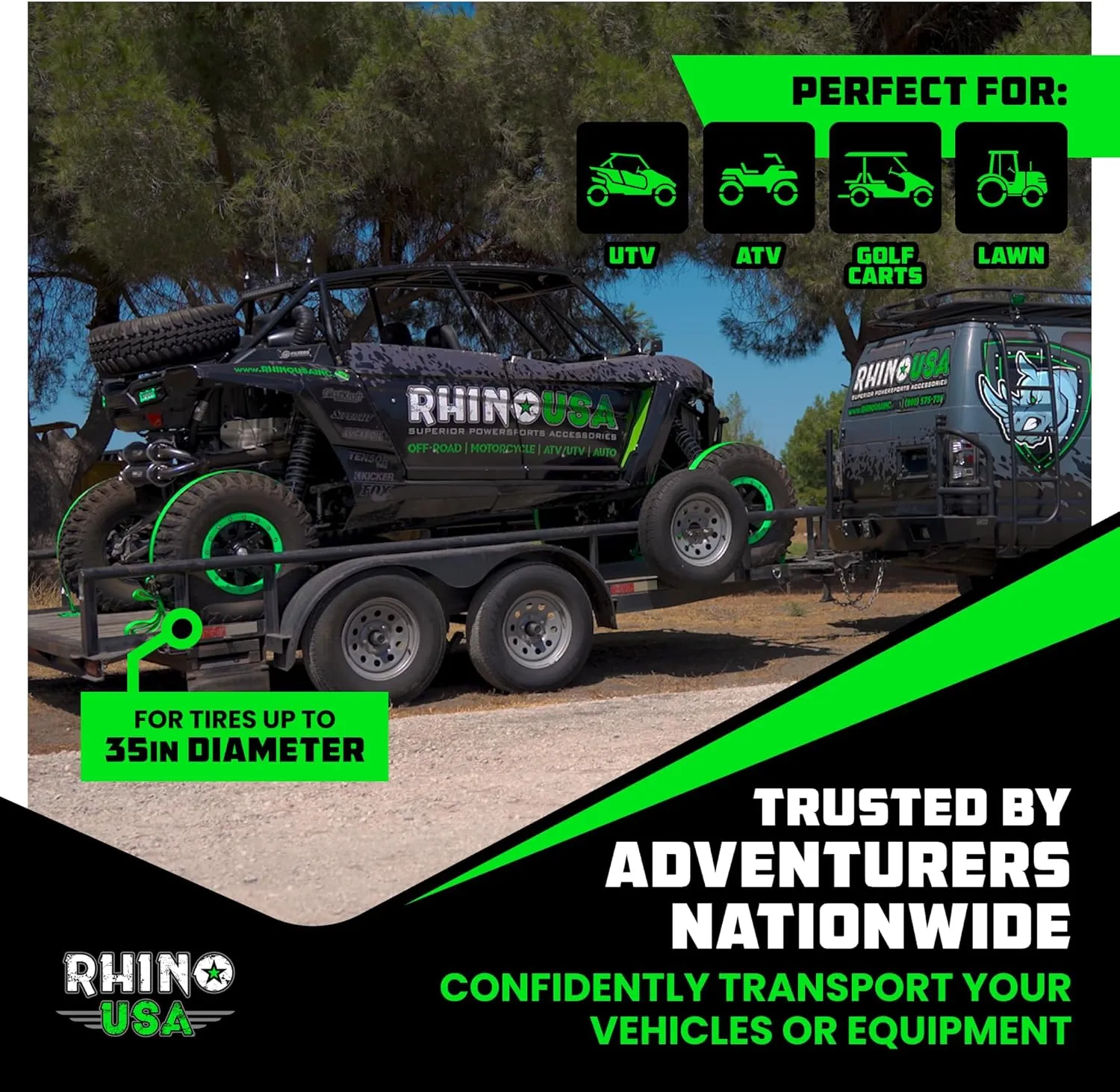 Rhino USA Wheel Chock Tie Down Kit (4,500lb Break Strength) (4) Heavy Duty Trailer Tire Ratchet Straps (8) Wheel Chocks - E Track System for ATV, UTV, Lawn Mower, Four Wheeler - Green
