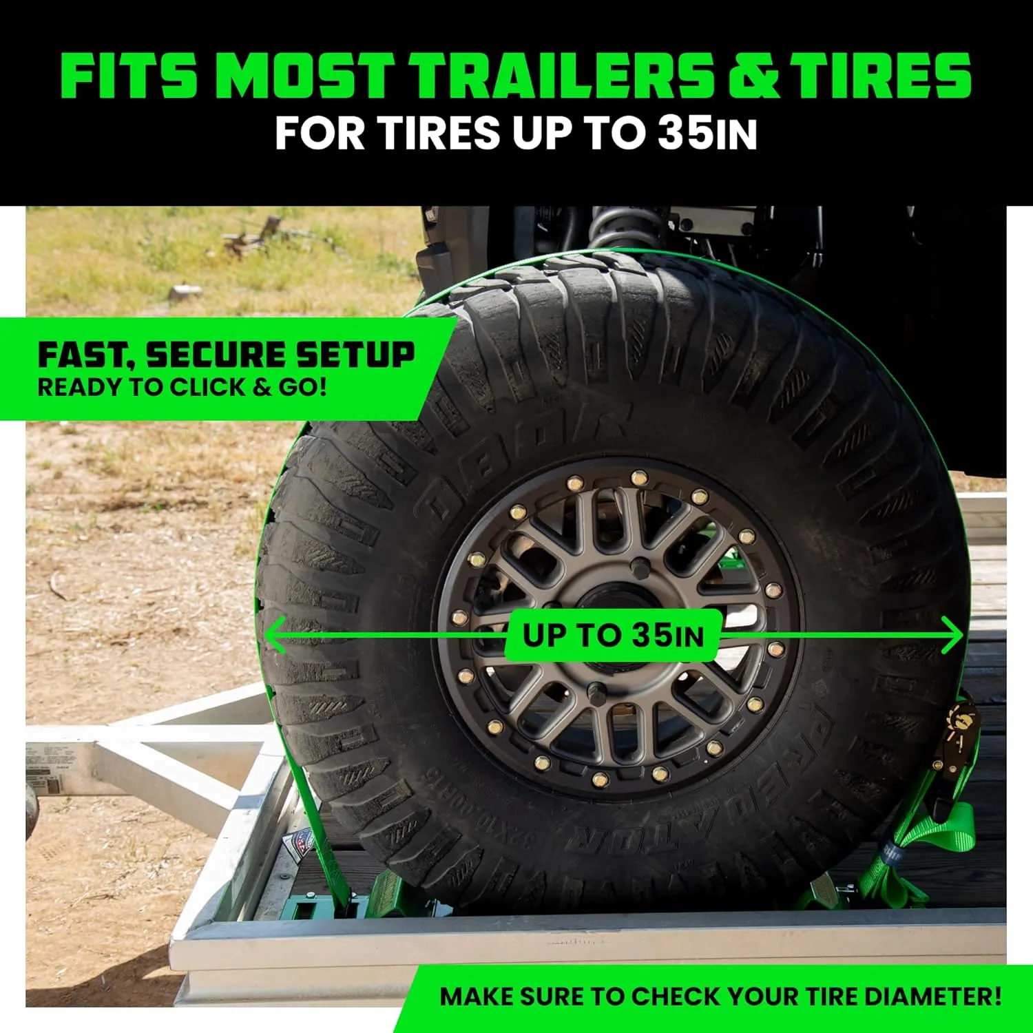 Rhino USA Wheel Chock Tie Down Kit (4,500lb Break Strength) (4) Heavy Duty Trailer Tire Ratchet Straps (8) Wheel Chocks - E Track System for ATV, UTV, Lawn Mower, Four Wheeler - Green
