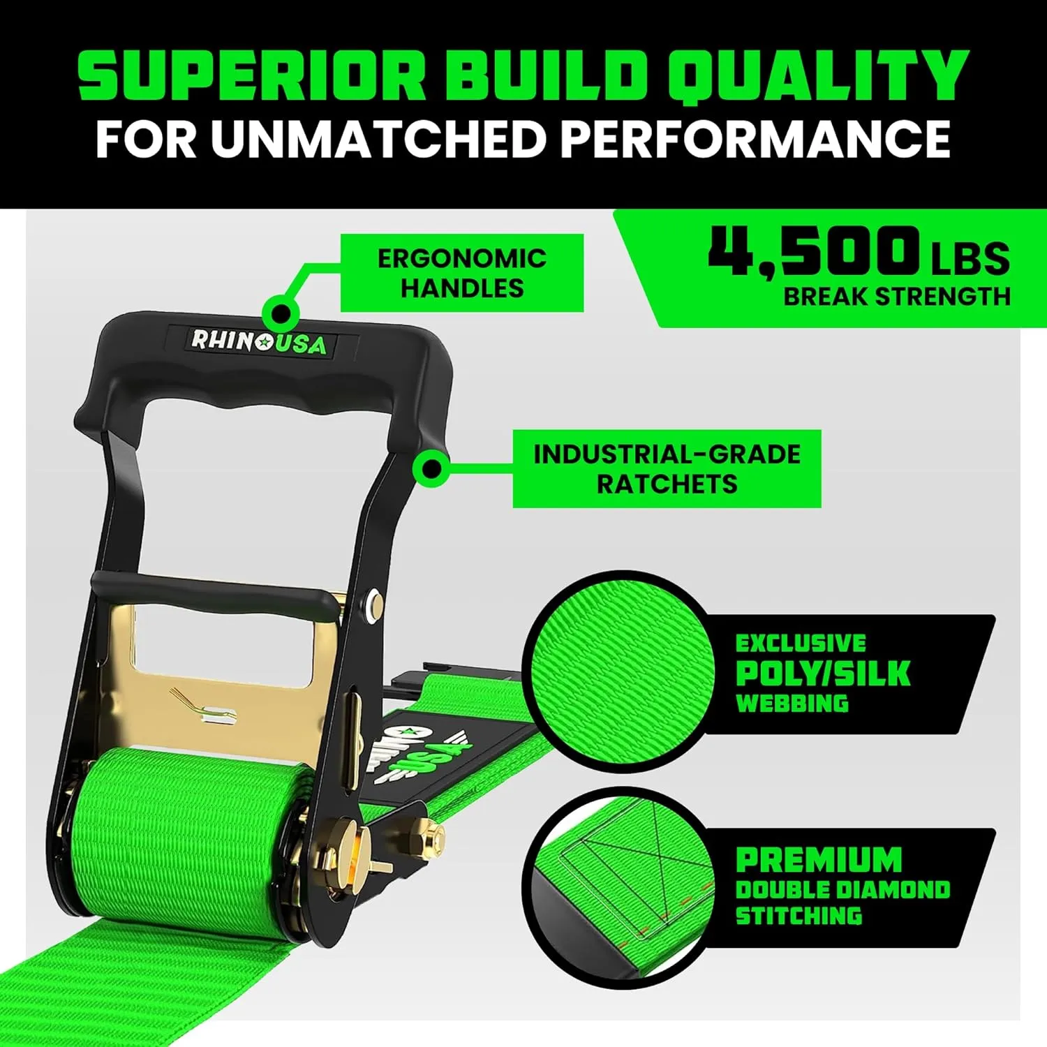 Rhino USA Wheel Chock Tie Down Kit (4,500lb Break Strength) (4) Heavy Duty Trailer Tire Ratchet Straps (8) Wheel Chocks - E Track System for ATV, UTV, Lawn Mower, Four Wheeler - Green