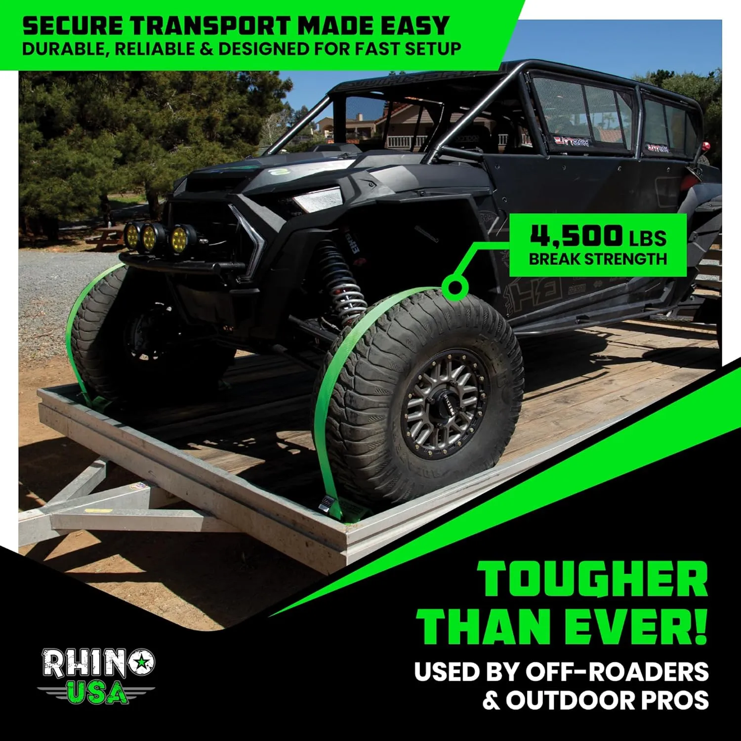 Rhino USA Wheel Chock Tie Down Kit (4,500lb Break Strength) (4) Heavy Duty Trailer Tire Ratchet Straps (8) Wheel Chocks - E Track System for ATV, UTV, Lawn Mower, Four Wheeler - Green
