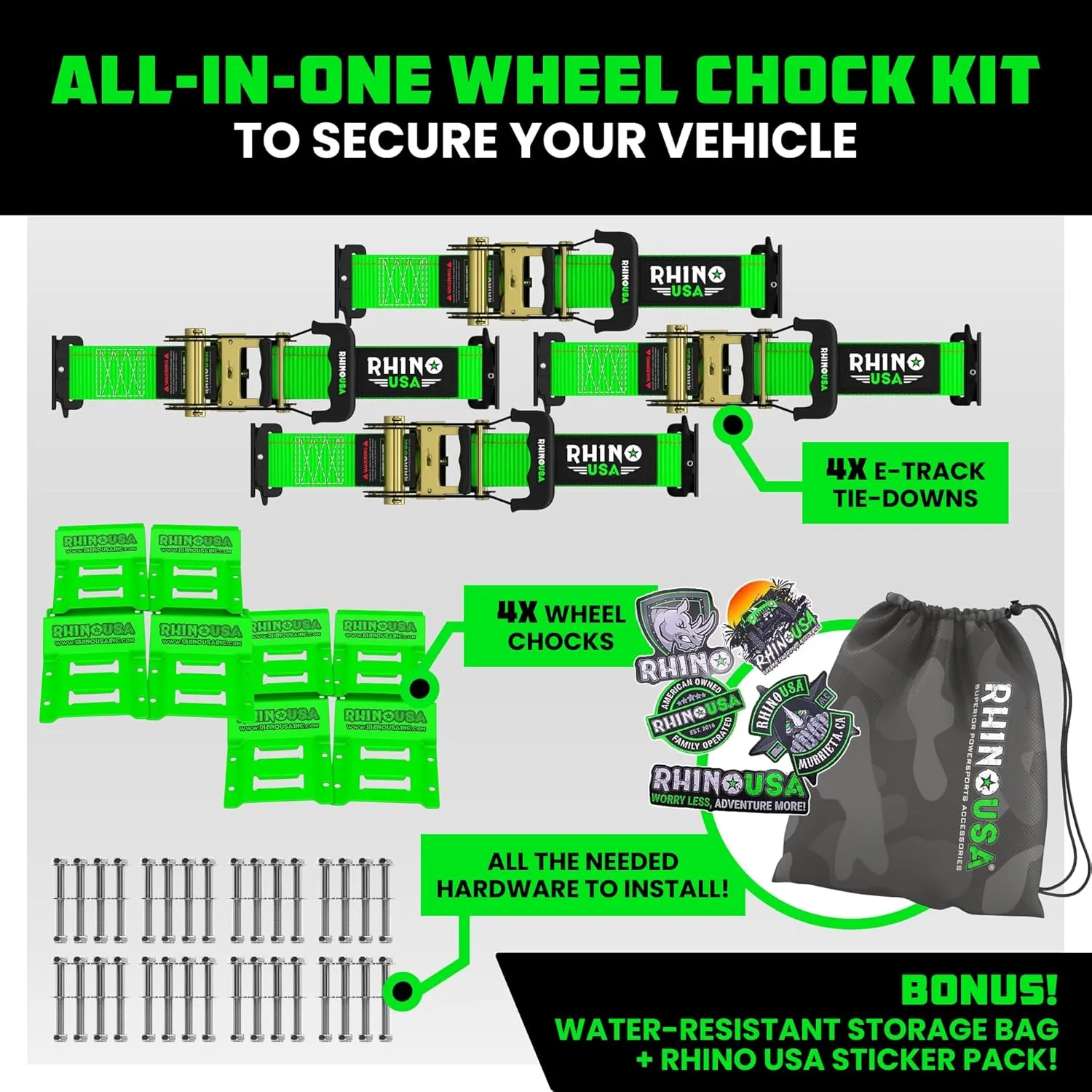 Rhino USA Wheel Chock Tie Down Kit (4,500lb Break Strength) (4) Heavy Duty Trailer Tire Ratchet Straps (8) Wheel Chocks - E Track System for ATV, UTV, Lawn Mower, Four Wheeler - Green