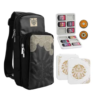 RHOTALL Black Travel Bag for Nintendo Switch/Lite/OLED,Large Capacity Portable Carrying Case Compatible for Chest Shoulder Accessories Storage Backpack with12 Slots Game Case,Thumb Grip Caps-for Zelda