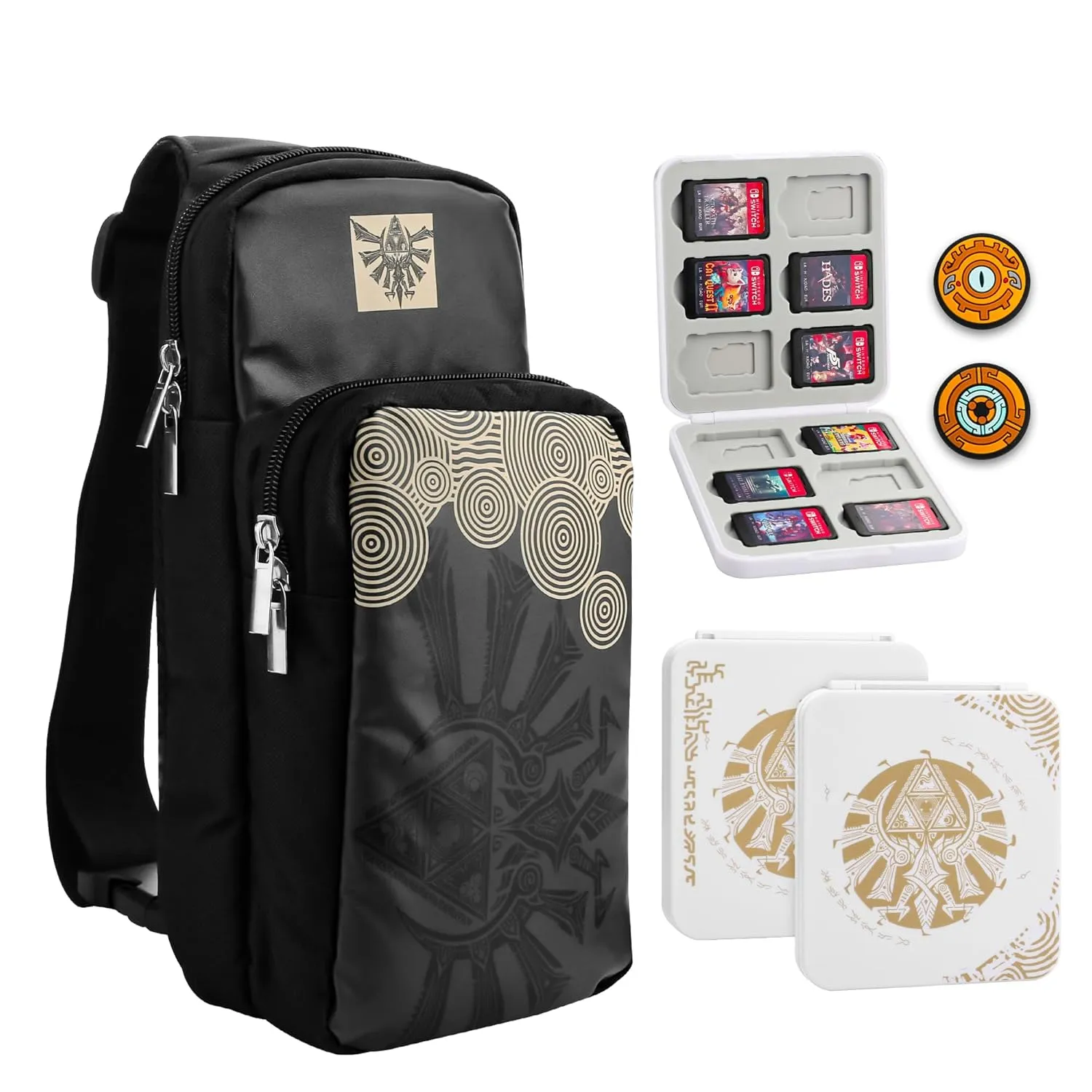 RHOTALL Black Travel Bag for Nintendo Switch/Lite/OLED,Large Capacity Portable Carrying Case Compatible for Chest Shoulder Accessories Storage Backpack with12 Slots Game Case,Thumb Grip Caps-for Zelda