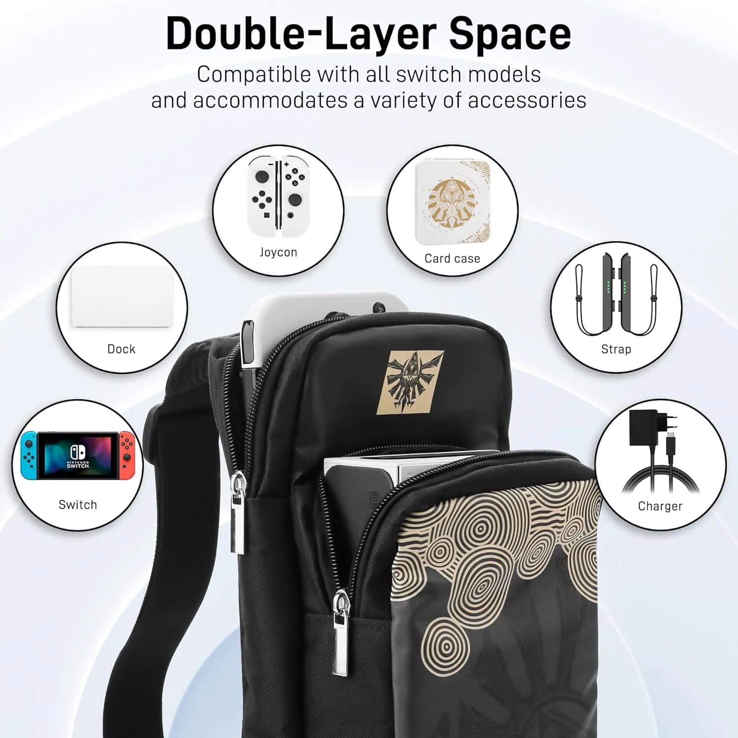 RHOTALL Black Travel Bag for Nintendo Switch/Lite/OLED,Large Capacity Portable Carrying Case Compatible for Chest Shoulder Accessories Storage Backpack with12 Slots Game Case,Thumb Grip Caps-for Zelda