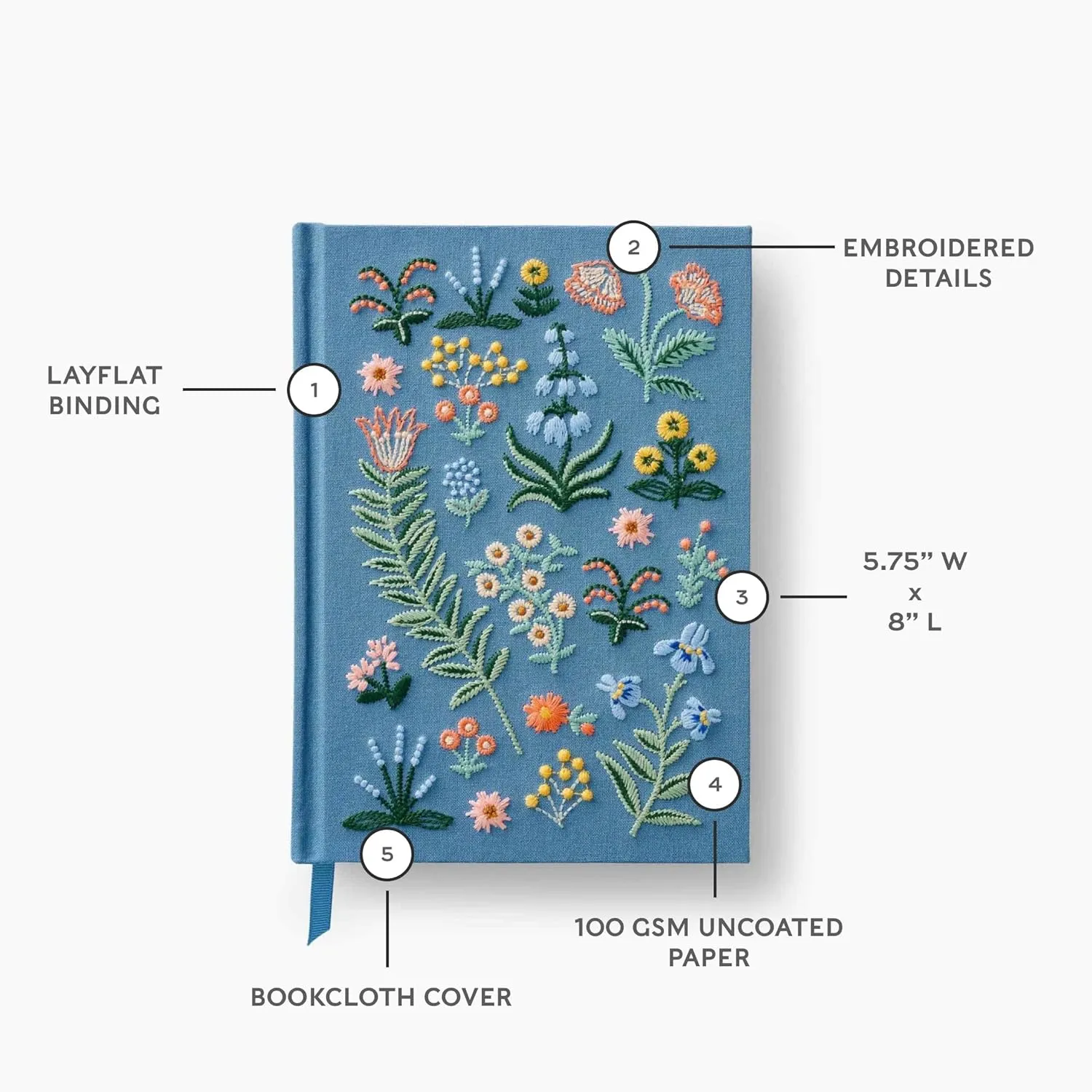 RIFLE PAPER CO. Menagerie Garden Embroidered Journal | 400 Ruled Pages, Cloth Cover with Floral Embroidery & Grosgrain Ribbon Bookmark, Lay-Flat Binding, 8" L x 5.75" W