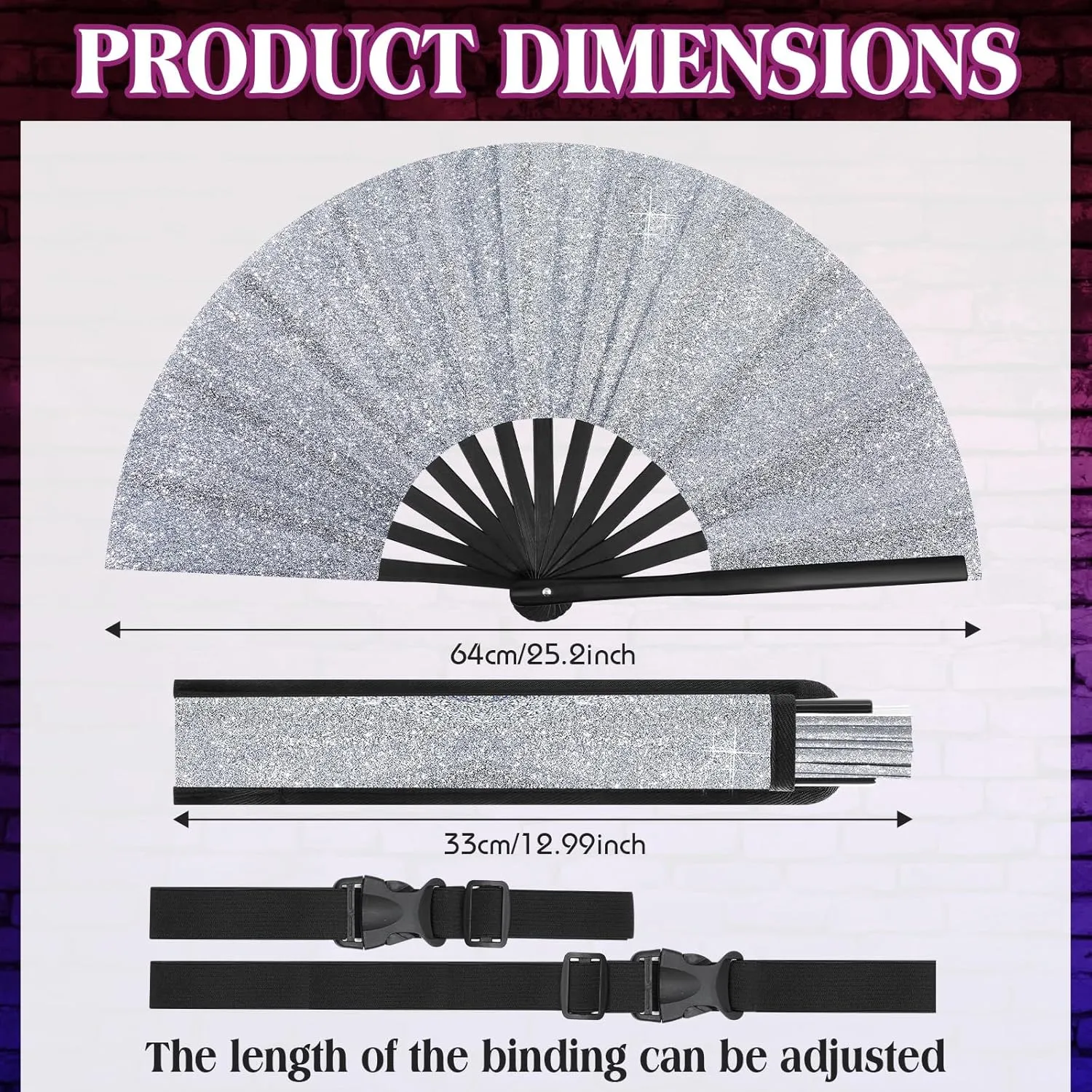 Ripeng 13" Glitter Large Rave Folding Hand Fan Clack Rave Fan for Women with Leg Strap and Fabric Case Bag for Dance, Edm
