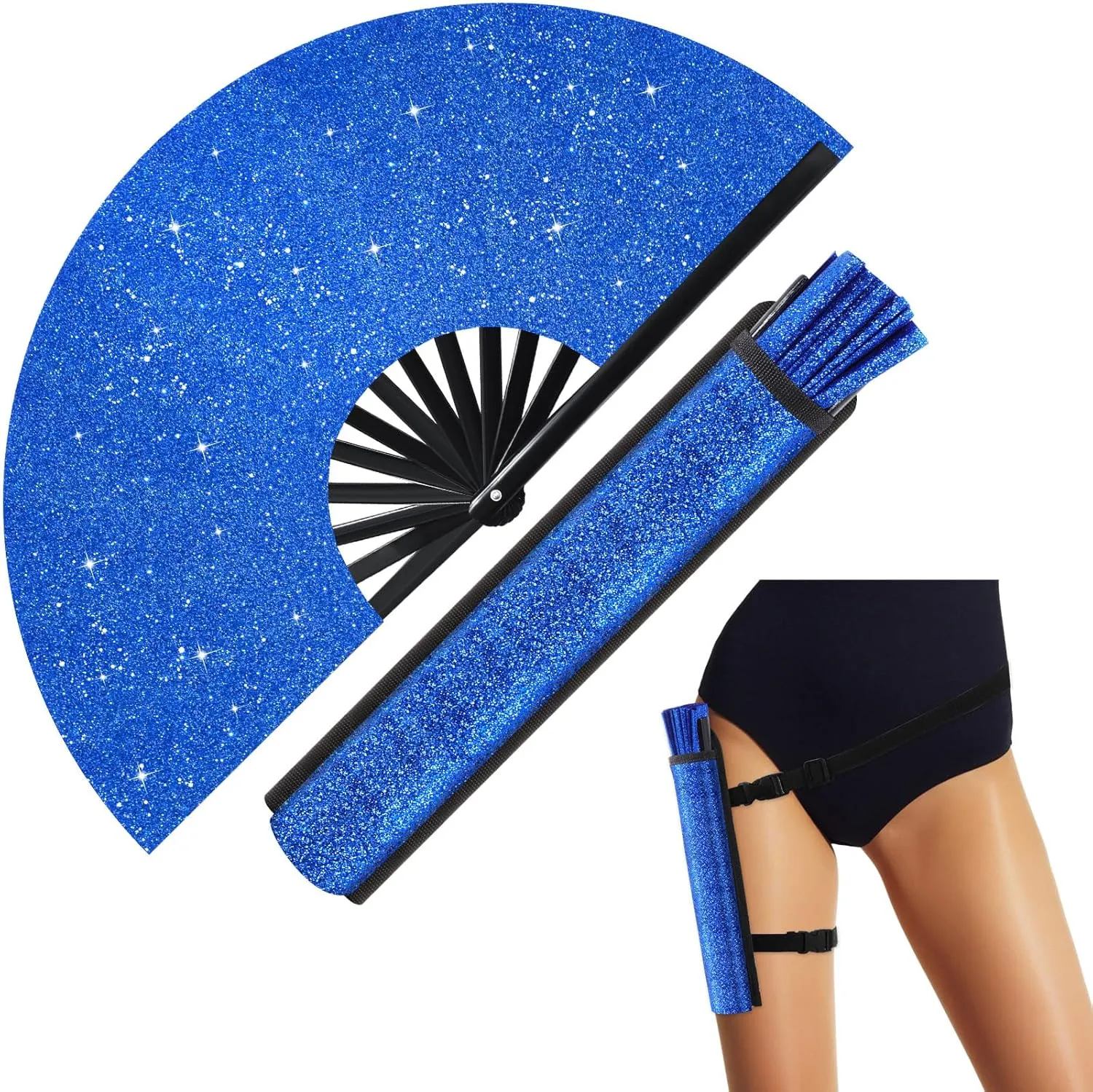 Ripeng 13" Glitter Large Rave Folding Hand Fan Clack Rave Fan for Women with Leg Strap and Fabric Case Bag for Dance, Edm