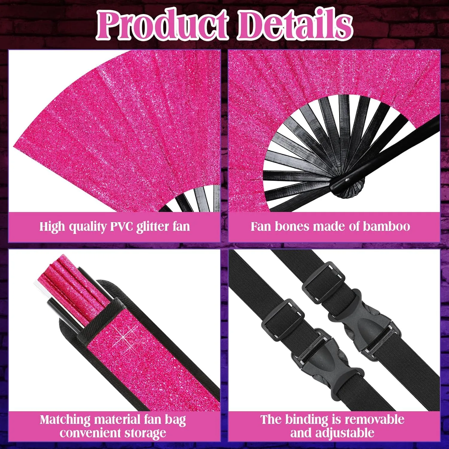 Ripeng 13" Glitter Large Rave Folding Hand Fan Clack Rave Fan for Women with Leg Strap and Fabric Case Bag for Dance, Edm