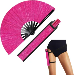 Ripeng 13" Glitter Large Rave Folding Hand Fan Clack Rave Fan for Women with Leg Strap and Fabric Case Bag for Dance, Edm
