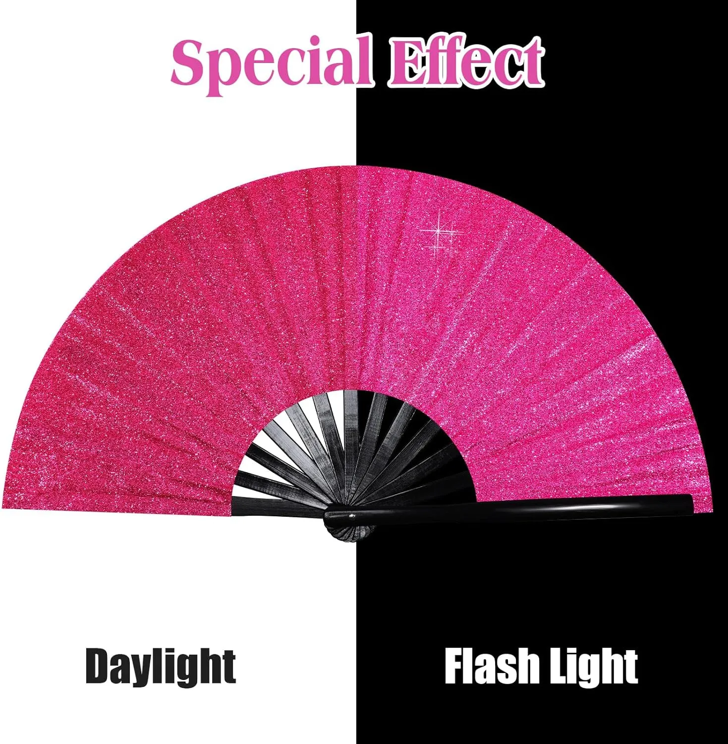 Ripeng 13" Glitter Large Rave Folding Hand Fan Clack Rave Fan for Women with Leg Strap and Fabric Case Bag for Dance, Edm
