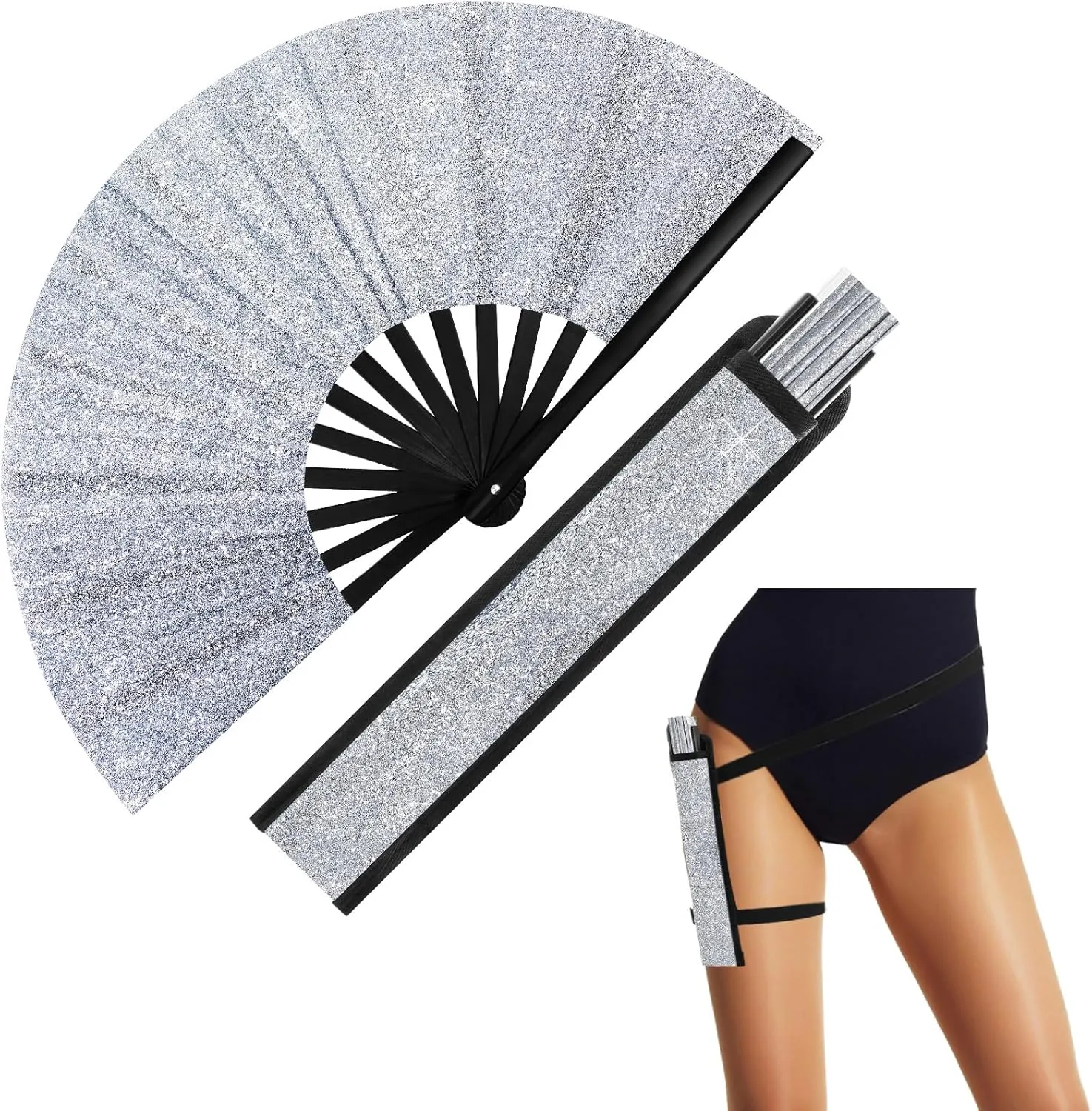 Ripeng 13" Glitter Large Rave Folding Hand Fan Clack Rave Fan for Women with Leg Strap and Fabric Case Bag for Dance, Edm