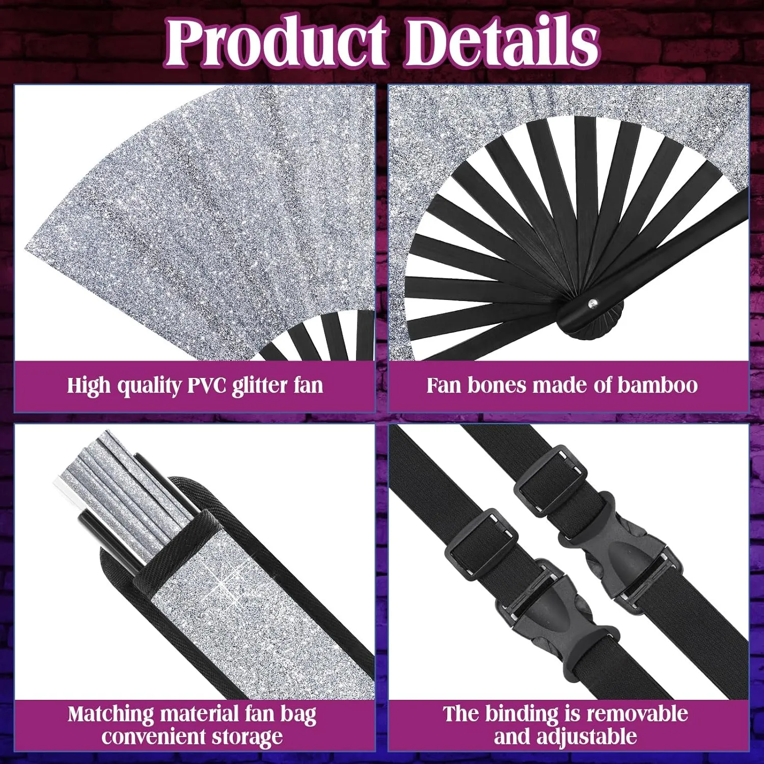 Ripeng 13" Glitter Large Rave Folding Hand Fan Clack Rave Fan for Women with Leg Strap and Fabric Case Bag for Dance, Edm