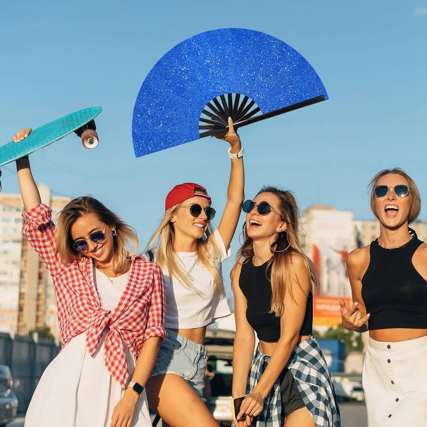 Ripeng 13" Glitter Large Rave Folding Hand Fan Clack Rave Fan for Women with Leg Strap and Fabric Case Bag for Dance, Edm