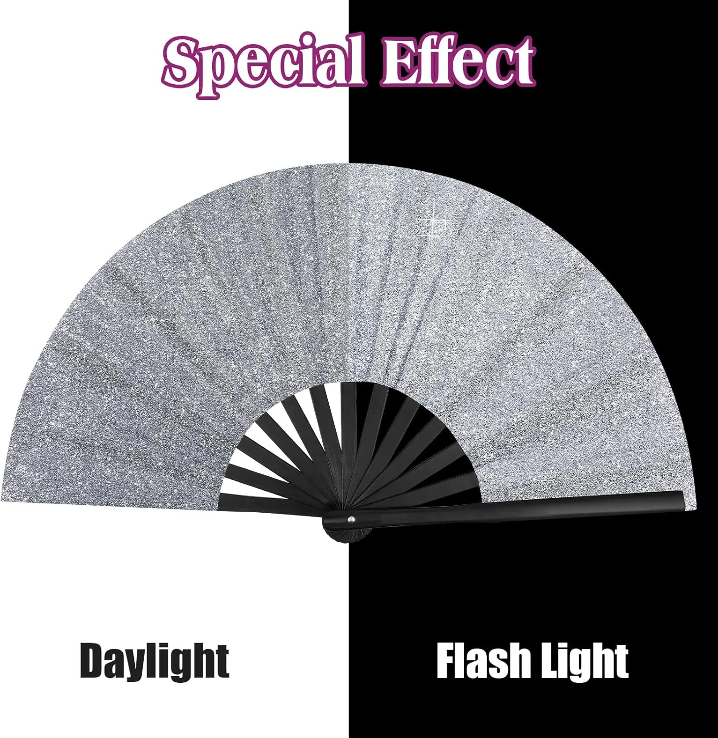 Ripeng 13" Glitter Large Rave Folding Hand Fan Clack Rave Fan for Women with Leg Strap and Fabric Case Bag for Dance, Edm