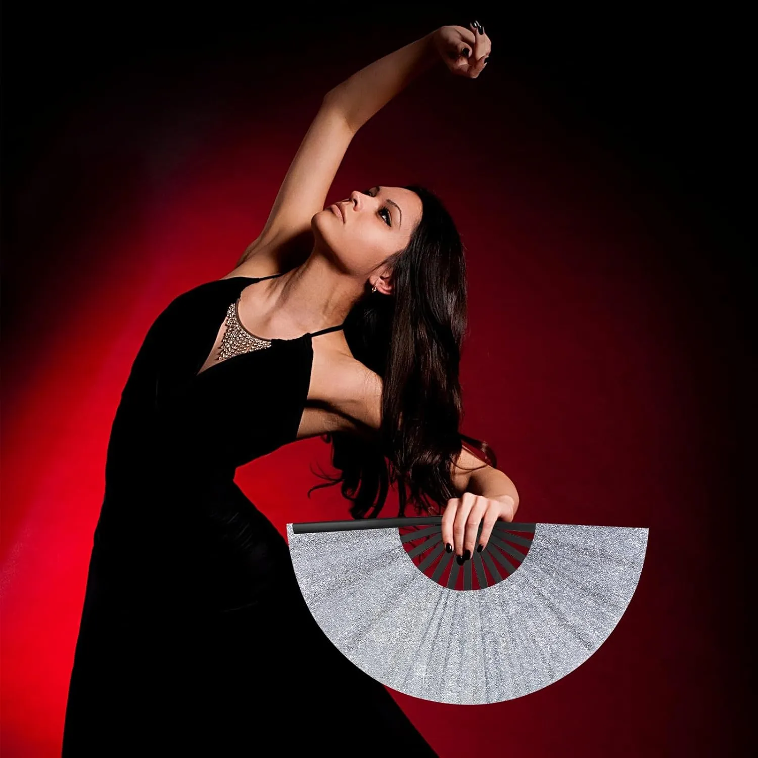 Ripeng 13" Glitter Large Rave Folding Hand Fan Clack Rave Fan for Women with Leg Strap and Fabric Case Bag for Dance, Edm