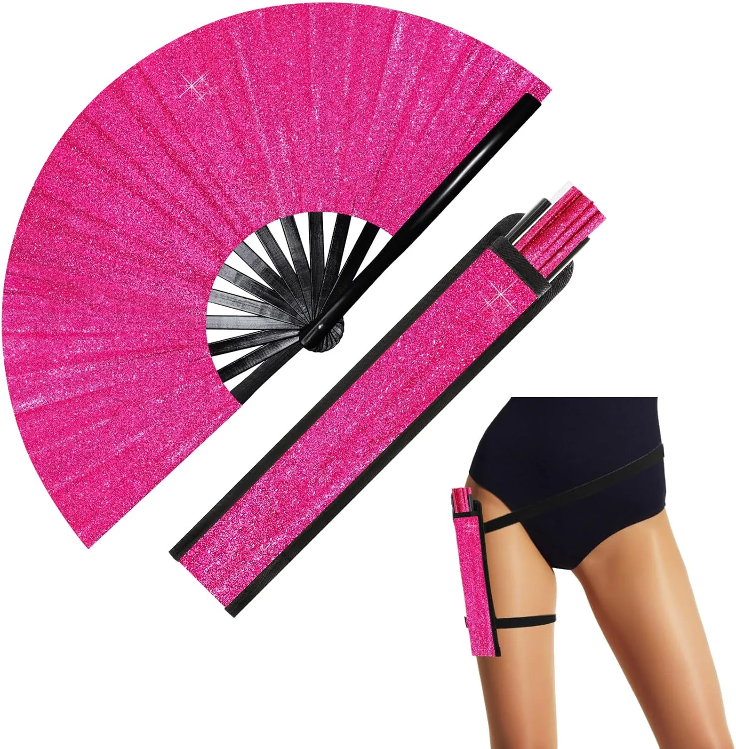 Ripeng 13" Glitter Large Rave Folding Hand Fan Clack Rave Fan for Women with Leg Strap and Fabric Case Bag for Dance, Edm