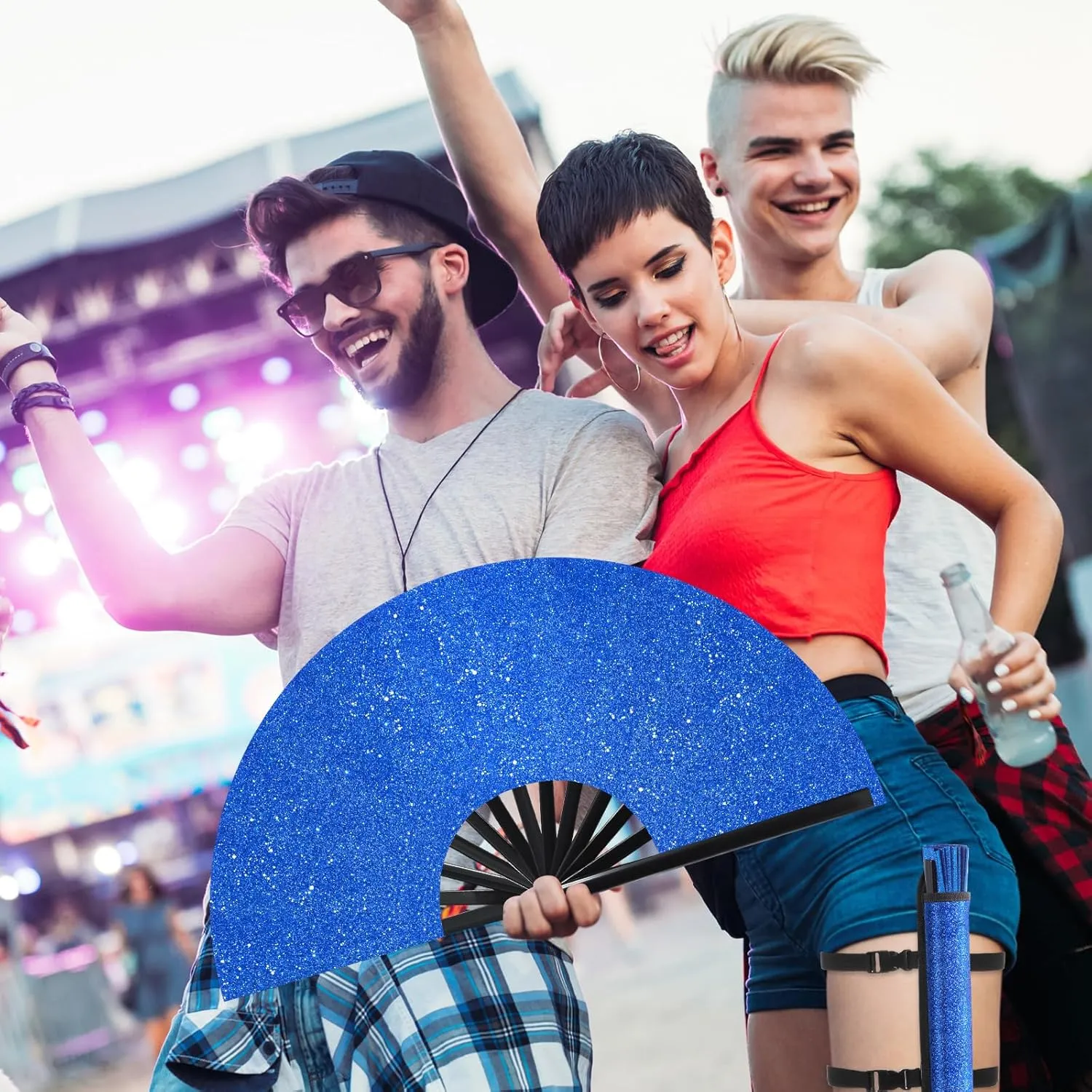 Ripeng 13" Glitter Large Rave Folding Hand Fan Clack Rave Fan for Women with Leg Strap and Fabric Case Bag for Dance, Edm