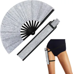 Ripeng 13" Glitter Large Rave Folding Hand Fan Clack Rave Fan for Women with Leg Strap and Fabric Case Bag for Dance, Edm