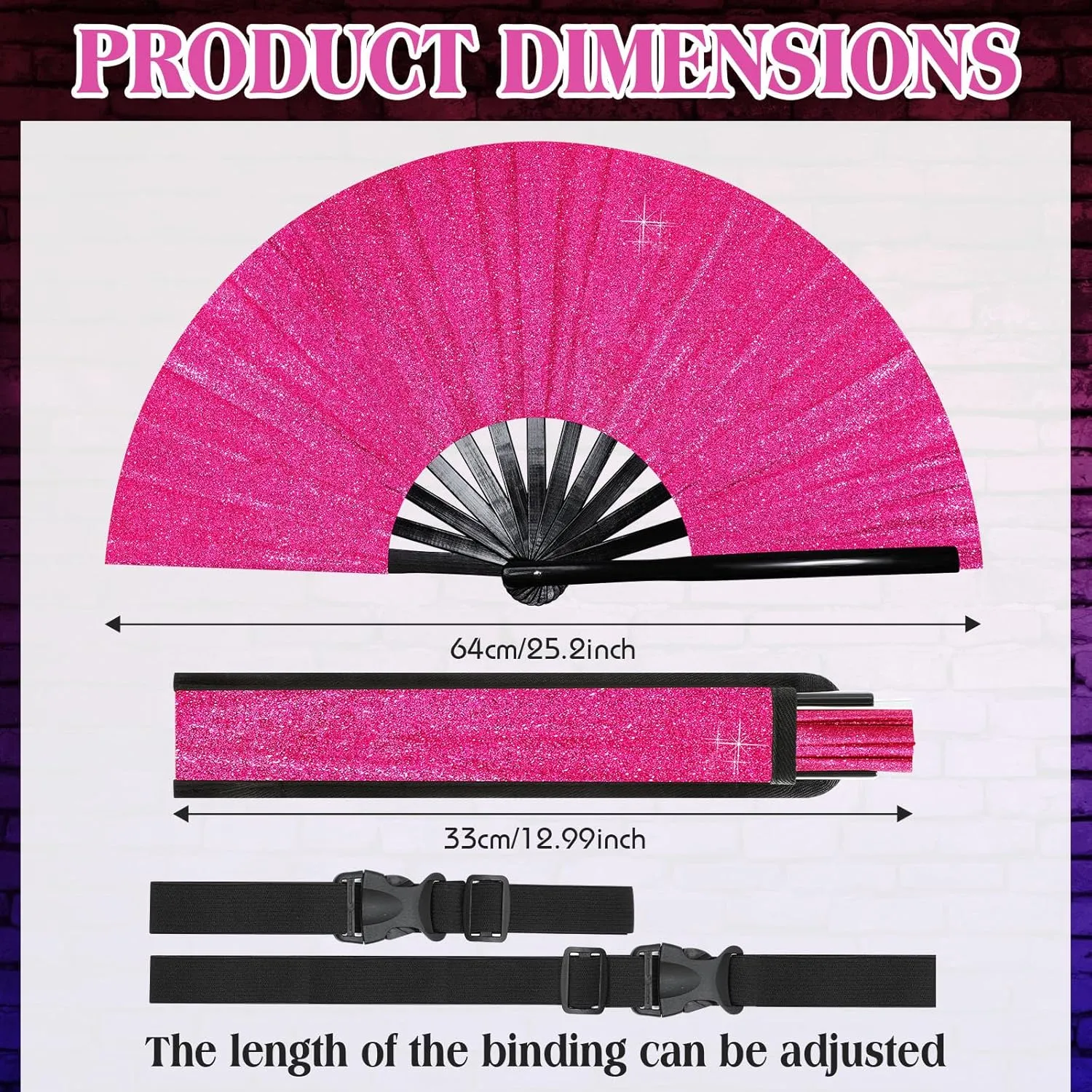 Ripeng 13" Glitter Large Rave Folding Hand Fan Clack Rave Fan for Women with Leg Strap and Fabric Case Bag for Dance, Edm