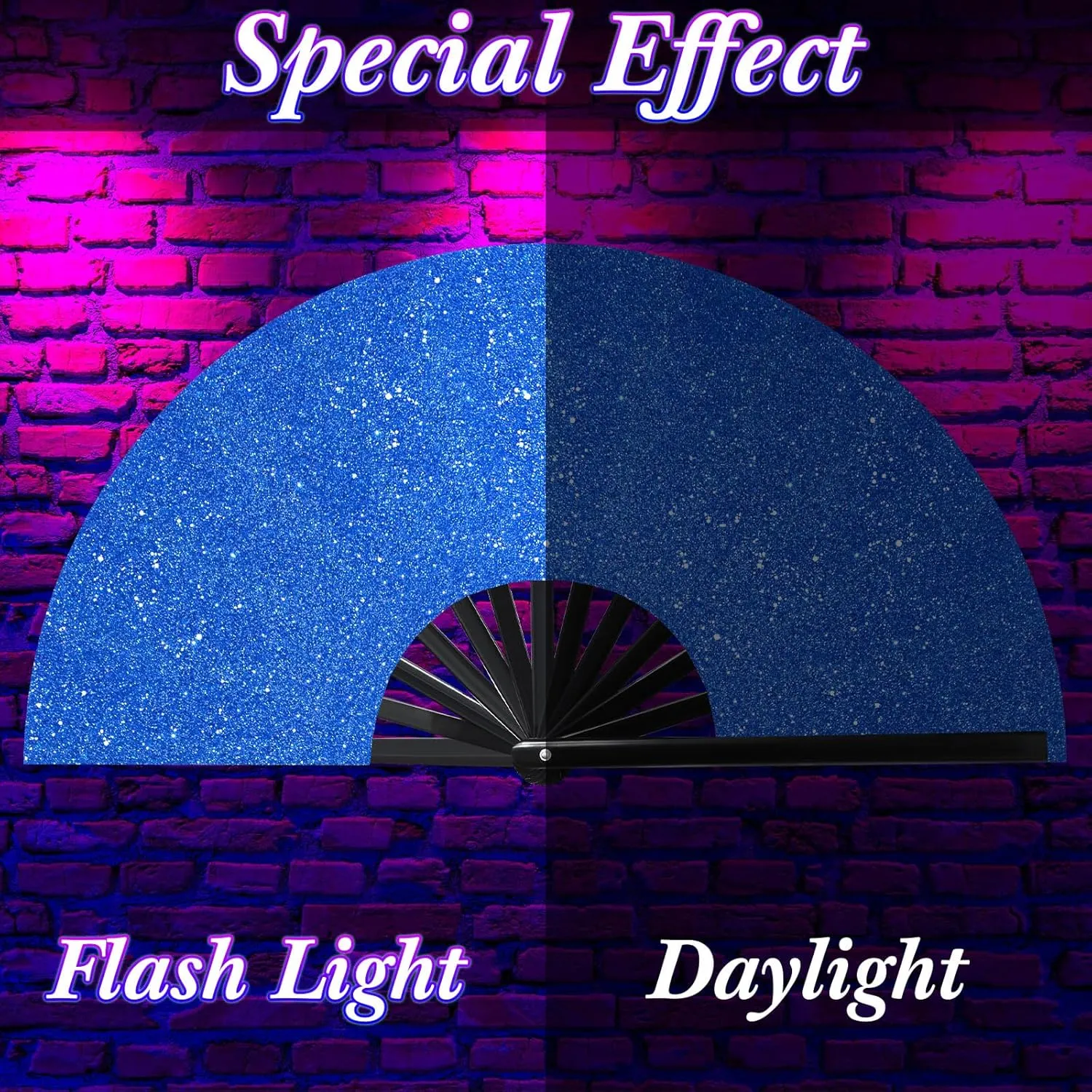 Ripeng 13" Glitter Large Rave Folding Hand Fan Clack Rave Fan for Women with Leg Strap and Fabric Case Bag for Dance, Edm