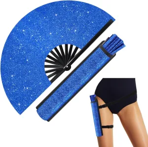 Ripeng 13" Glitter Large Rave Folding Hand Fan Clack Rave Fan for Women with Leg Strap and Fabric Case Bag for Dance, Edm