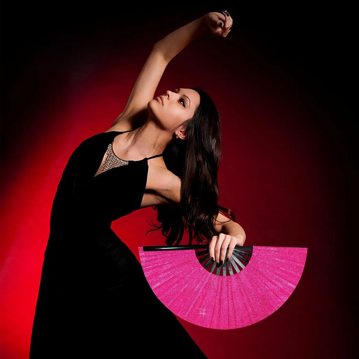 Ripeng 13" Glitter Large Rave Folding Hand Fan Clack Rave Fan for Women with Leg Strap and Fabric Case Bag for Dance, Edm