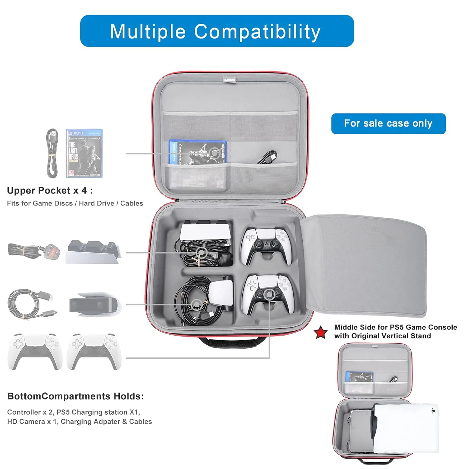 RLSOCO Hard Case for PlayStation 5 Digital Edition and Disc Version,Travel Storage Case for PS5 Game Console,Controllers x 2,Charging Station x1,HD Camera x1,Adapter & Cables and other Accessories