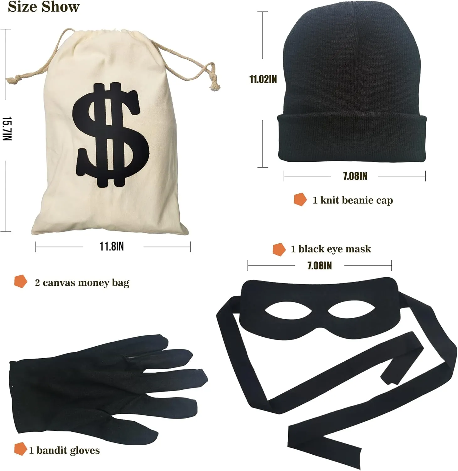 Robber Costume Set for Girls Cosplay Thief Accessories for Halloween Party Black and White Striped Knit Beanie Cap