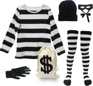 Robber Costume Set for Girls Cosplay Thief Accessories for Halloween Party Black and White Striped Knit Beanie Cap