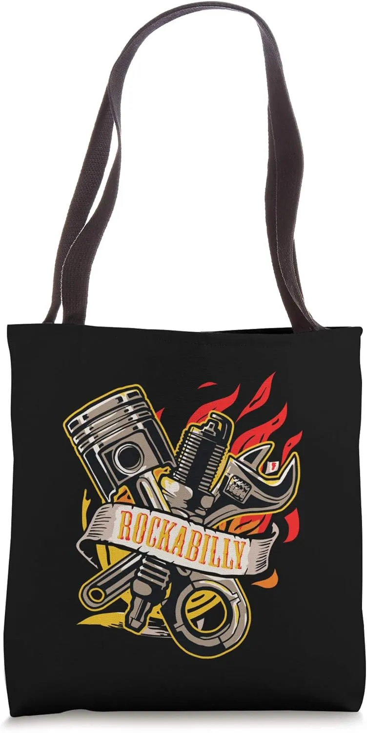 Rockabilly Pin-Up Engine Piston Wrench On Fire Mechanic Tote Bag