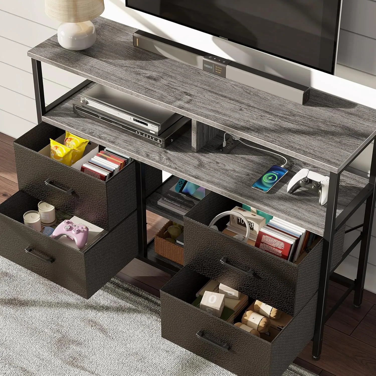 Rolanstar TV Stand with Power Outlets and LED Light, 4 Fabric Drawers Entertainment Center for 32/45/55 inch TVs, Media Console with Storage for Living Room or Bedroom, Grey