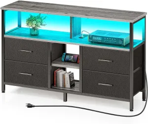 Rolanstar TV Stand with Power Outlets and LED Light, 4 Fabric Drawers Entertainment Center for 32/45/55 inch TVs, Media Console with Storage for Living Room or Bedroom, Grey