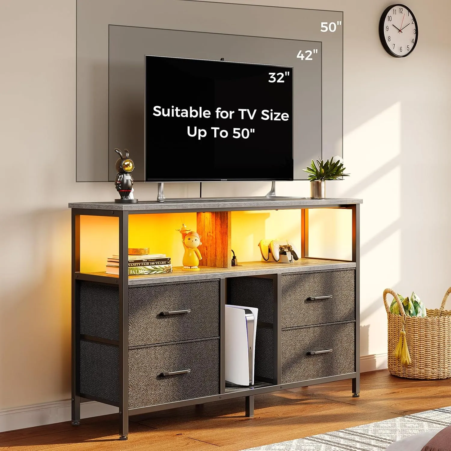 Rolanstar TV Stand with Power Outlets and LED Light, 4 Fabric Drawers Entertainment Center for 32/45/55 inch TVs, Media Console with Storage for Living Room or Bedroom, Grey