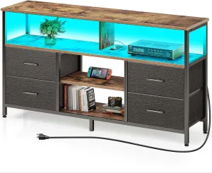 Rolanstar TV Stand with Power Outlets and LED Light, 4 Fabric Drawers Entertainment Center for 32/45/55/65 inch TVs, Media Console with Storage for Living Room or Bedroom, Rustic Brown